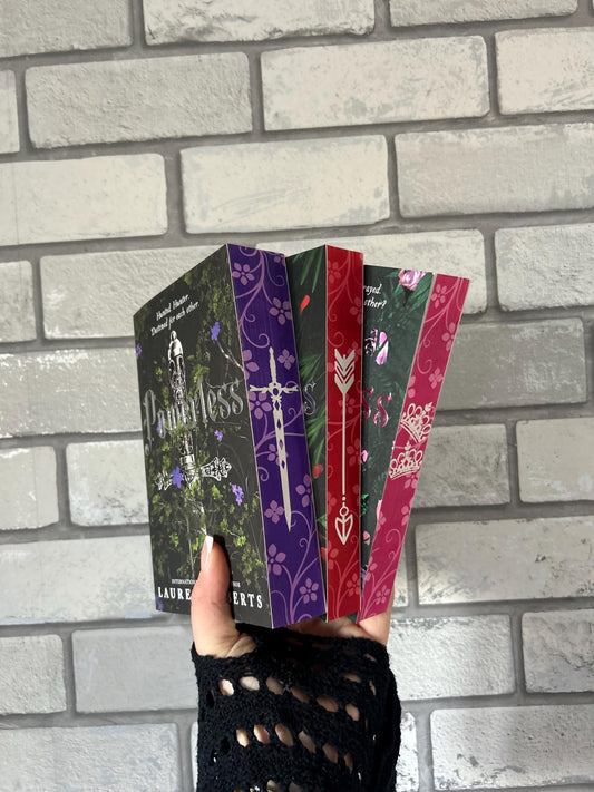 Powerless, Reckless and Powerful paperbacks with sprayed edges